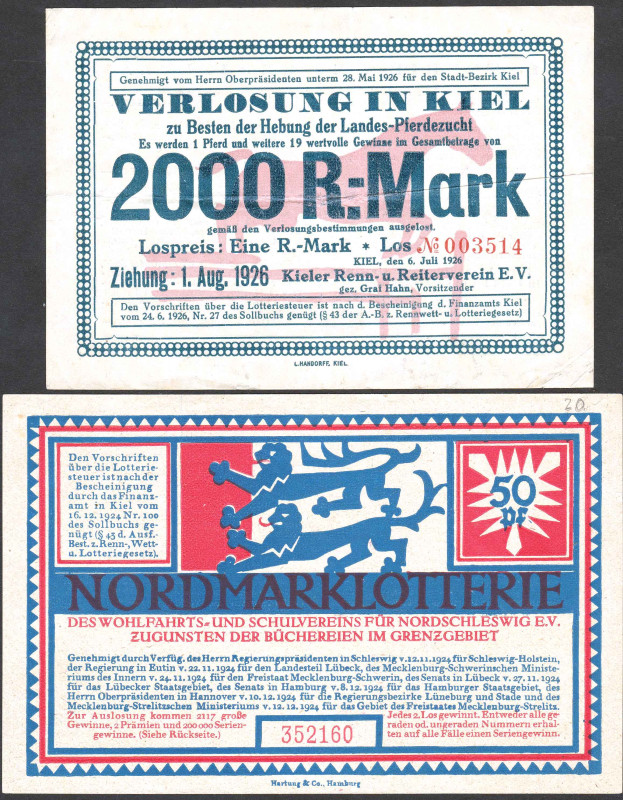 Kiel 2 Lose 1925 und 1926 Nordmarklotterie und Kieler Renn- und Reitverein VZL/G...