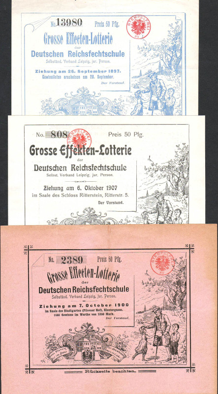 Leipzig 3 Lose Deutsche Reichsfechtschule 1897,1900,1907 WGB-VZL