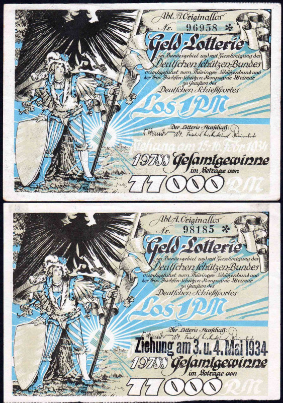 Weimar 2 Lose Deutsche Schützenlotterie 1933 VZL/VZL+