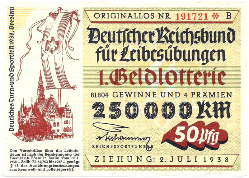 Deutscher Reichsbund für Leibesübungen 1938 faks. Uschr. Reichssportführer v. Ts...