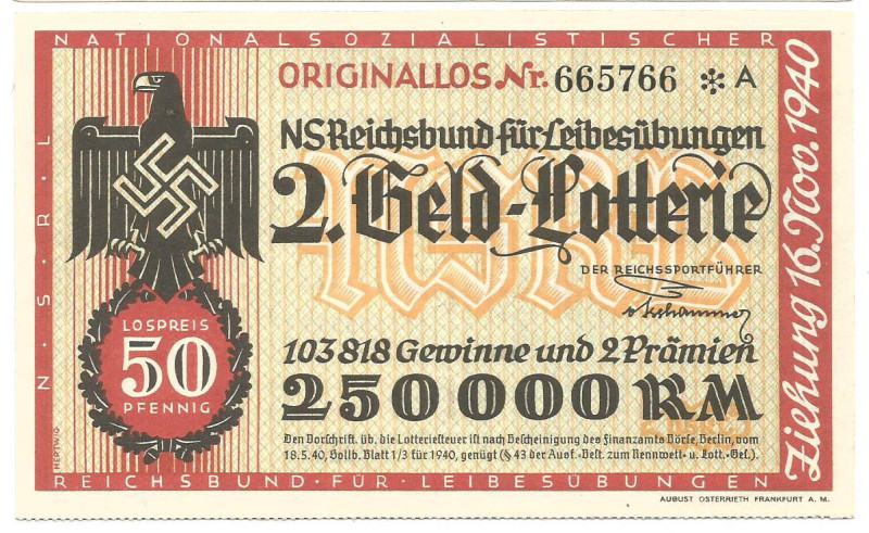 NS Reichsbund für Leibesübungen Los 1940 VZL