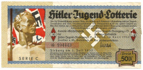 Hitler-Jugend-Lotterie Los 1933 nach einem Entwurf von Ludwig Hohlwein mehrere tiefe Risse, unrestauriert SGB