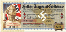 Hitler-Jugend-Lotterie Los 1933 nach einem Entwurf von Ludwig Hohlwein mit Verlängerungsstempel VZL+