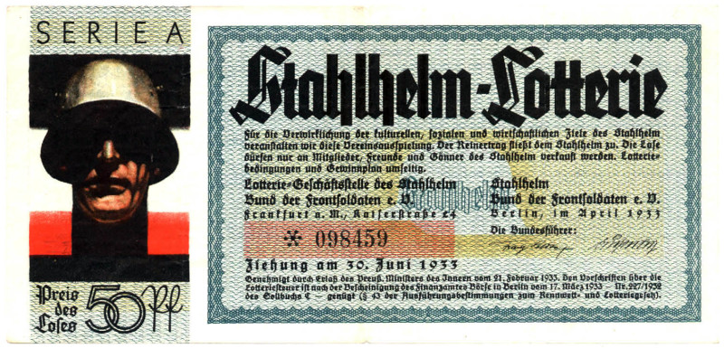 Stahlhelm-Lotterie Los 1933 Serie A nach einem Entwurf von Ludwig Hohlwein GEB