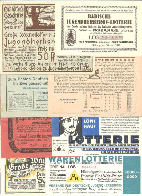 JUGENDHERBERGSWERK Sammlung mit 15 verschiedenen Losen der zwanziger Jahre, dabe...