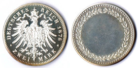 PROBEPRÄGUNG 2 Mark 1876 Probeprägung der Rückseite, andere Adlertype Silber 28,2mm, 9,62g Schaaf 2M G3 Stgl/prf
