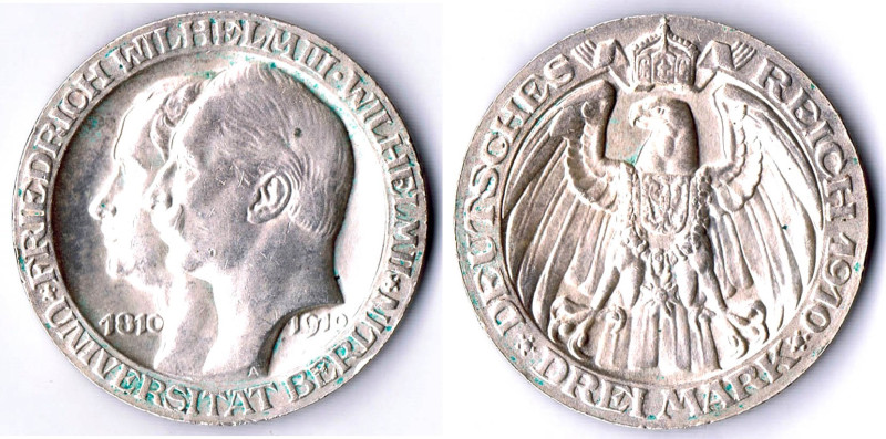 Preussen 3 Mark 1910 A Universität Berlin kl. Rdu. fvz