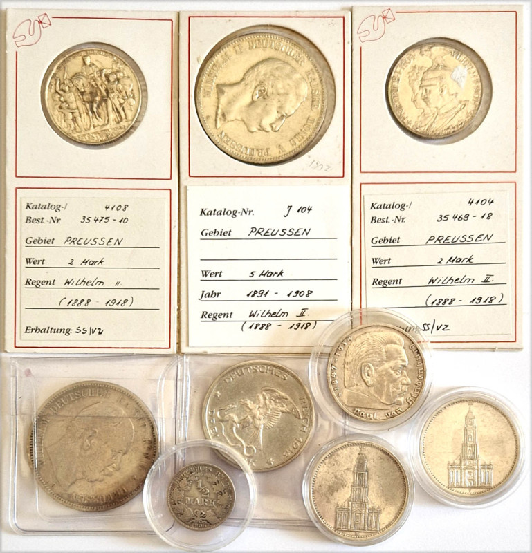 10 verschiedene Silbermünzen 1/2 bis 5 Mark: J16, 97,101,105,109,110,357-1935A,F...