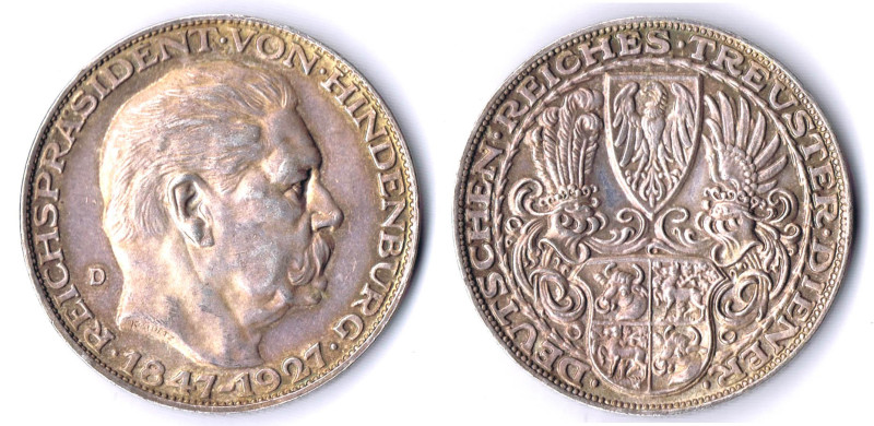 Silbermedaille in 5 Mark-Größe Hindenburg 1927 D des Bayerischen Hauptmünzamtes ...