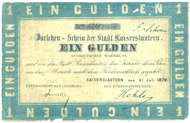 KAISERSLAUTERN 1 Gulden 31. Juli 1870 Grabowski/Kranz 75b P/R A576 SGB