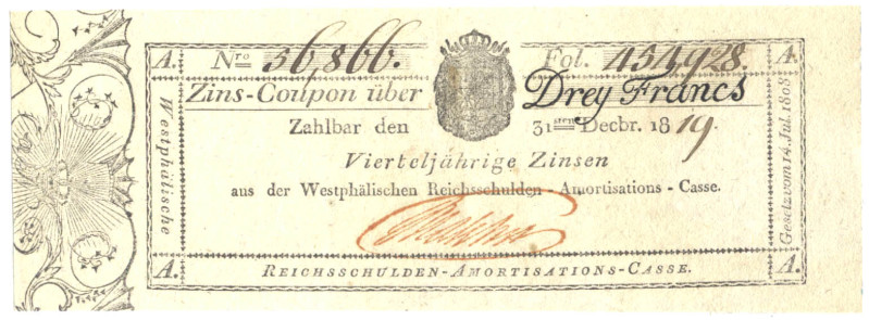 WESTFALEN Reichsschulden-Amortisations-Casse 3 Franken o.D. (1808) bis 31.Dezemb...