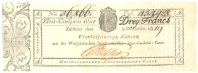WESTFALEN Reichsschulden-Amortisations-Casse 3 Franken o.D. (1808) bis 31.Dezember 1819, Grab./Kranz 669 P/R A513 P.S802 WGB