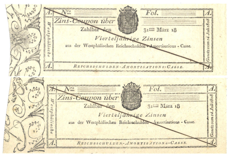 WESTFALEN Reichsschulden-Amortisations-Casse 2 Stück Blanketten o.D. (ab 1808) G...