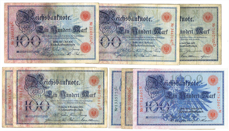 100 Mark 1898, 1903, 1905 (2), 1907, 1908 (4), 1909, 1910 (3). 13 Stück alles ve...