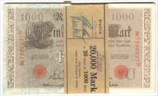 1000 Mark 21.4.1910 Bündel mit Original-Banderole Stettin 9.Dez.1922 2 handschriftliche Unterschriften und Korrektur auf 24.000, Bündel enthält 24 Sch...