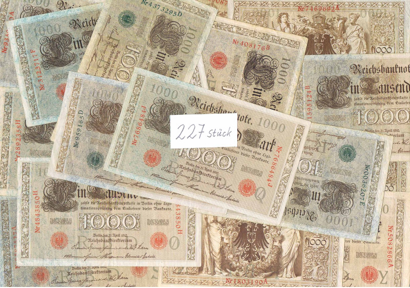 1000 Mark 21.4.1910 unsortierter Posten mit 227 Scheinen R.45a,b,c, 46 GEB-FKF