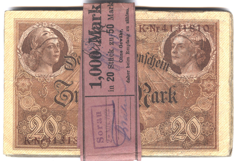 20 Mark 5.8.1914 Bankbündel zu 50 Stück, Originalbanderole Sorau 1922 WGB-SGB