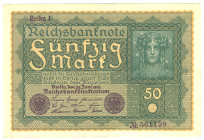 50 Mark 24.6.1919 Reihe 1 ohne Serienbezeichnung, nur Nr. KN, sehr selten, das einzige uns bekannte Stück, rückseitig am Rand kleiner Stempel TP zu R....