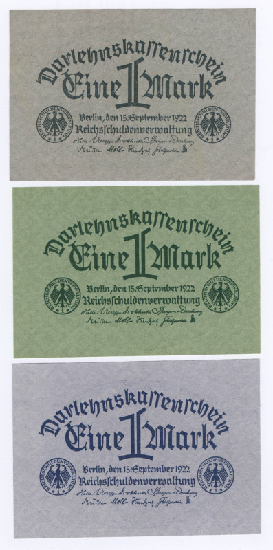 1 Mark 15.9.1922 3 Darlehenskassenscheine, Farbvarianten R,73a,b,c DEU-192-94 KF...