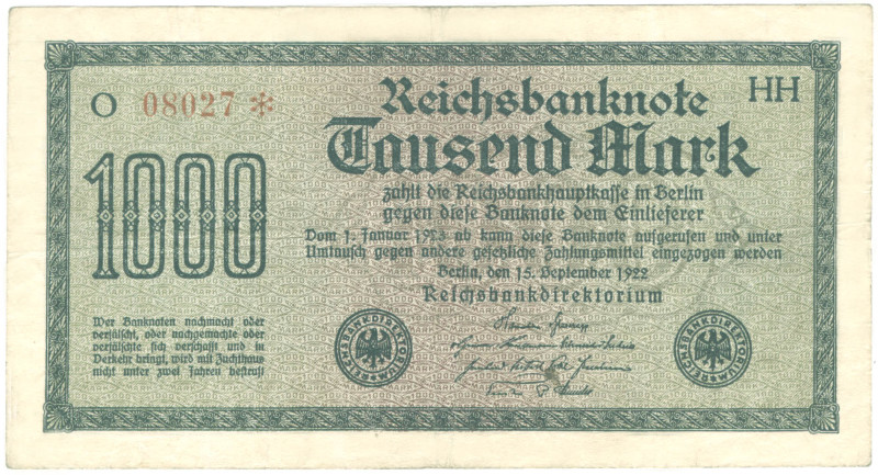 1000 Mark 15.9.1922 Wz.Mäander 5-stellig R.75h DEU-84e GEB