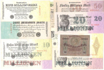 23 verschiedene Millionenscheine der Reichsbank von 1 bis 500 Millionen. Komplette Typensammlung einschließlich Kölner Provisorium und 5 Millionen Ver...