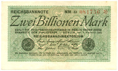 2 Billionen Mark 5.11.1923 MM-32 seltener Numerator mit 5-strahligem Stern, gedruckt bei Mühltaler, München WGB