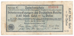0,42 Mark Gold = 1/10 Dollar 23.10.1923 Serie L-53 braunfleckig GEB