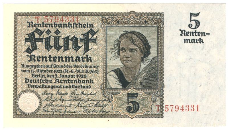 5 Rentenmark 2.1.1925 7-stellig Serie T P.169 R.164a DEU-209a KFR