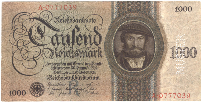 1000 RM 11.10.1923 mit MUSTER-Lochung (mit Echtheitsgarantie, zur 8mm-Musterperf...