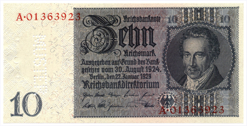 10 RM 22.1.1929 mit MUSTER-Lochung (mit Echtheitsgarantie, zur 8mm-Musterperfora...