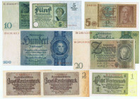 Sammlung braune Kontrollnummern: 9 Scheine, dabei 100 RM 1935 Udr.E Serie H R.164F. 166F, 167b,cF, 173-176F, 179F GEB-FKF
