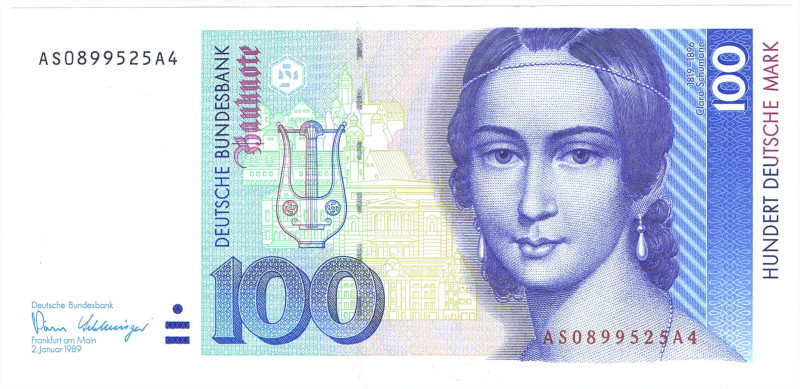 100 DM 2.1.1989 Serie AS/A Clara Schumann R.294 Gr.BRD-38 KFR