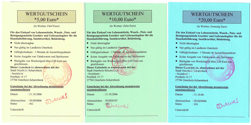 Osterholz-Scharmbek 3 Wertmarken über 5,10,20 Euro 31.10.2006 mit Siegeln der Ge...