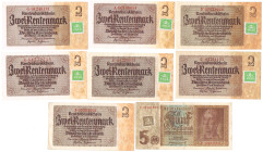 2 Kuponmark 1948 auf 2 Rentenmark 1937 6 Stück R.331b,c 5 Kuponmark auf 5 RM 1942 und 1x 2 Rentenmark ohne Marke, zus. 8 Scheine GEB-meist KFR