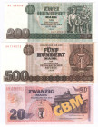 200 und 500 Mark 1985 dazu Nachdruck Gedenkbanknote 1989 zur GBM Messe auf dem Berliner Pfefferberg 1999 3 Scheine KFR