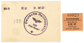 Berlin RAW (Reichsbahnausbesserungswerk) "Franz Stenzer" Marke zu 2 MD(N) KN 128 und Rbd Berlin Marke 0,30 M Stammessen Lehrlinge VZL-KFR