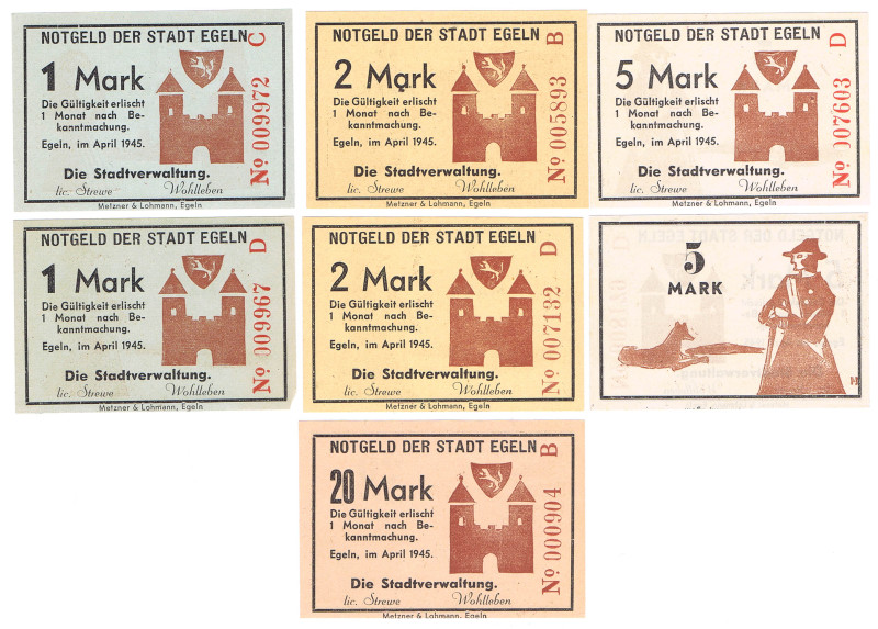 ANHALT und PROVINZ SACHSEN Egeln 7 Scheine der Notausgabe 1945: 1 Mark Serie C u...