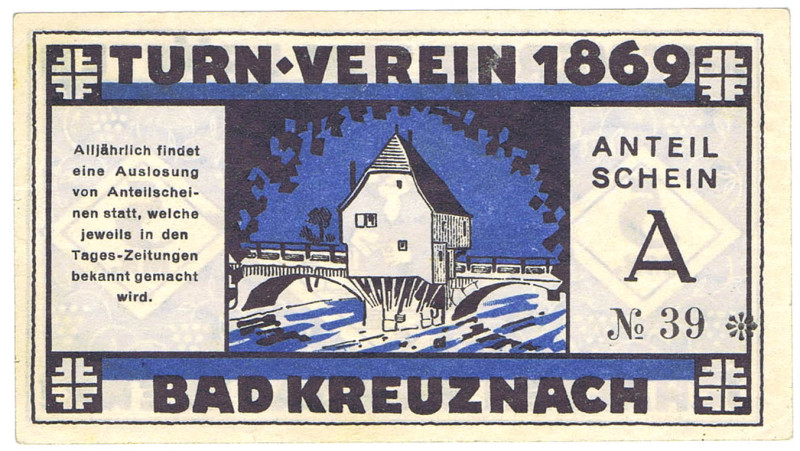 RHEINLAND Bad Kreuznach 5 Mark o.D. Turn-Verein 1869