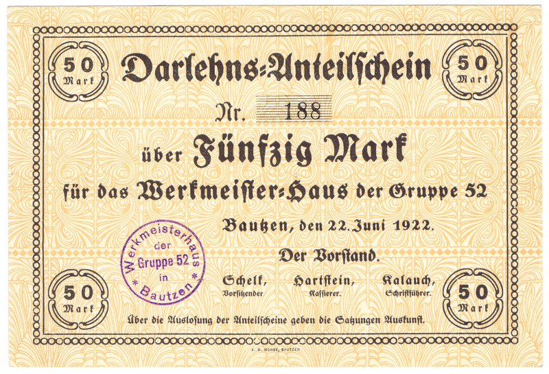 SACHSEN Bautzen Werkmeister-Haus der Gruppe 52 50 Mark 22.Juni 1922 FKF