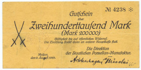SACHSEN Meißen Staatliche Porzellan-Manufaktur 200 000 Mark 9.8.1923 GEB