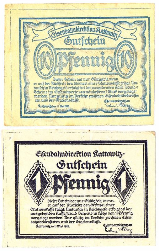 SCHLESIEN Gleiwitz Eisenbahndirektion Kattowitz 1 und 10 Pfennig mit rückseitige...