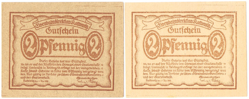 SCHLESIEN Kattowitz Eisenbahndirektion 2 Pfennig Papier hell und braun 2 Stück K...