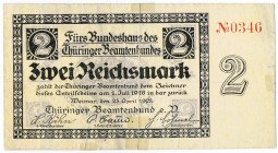 THÜRINGEN Weimar Thüringer Beamtenbund 2 Reichsmark 23. April 1923 Spendenschein in Stil und Größe der Rentenmarkscheine, rückseitig das Bundeshaus in...