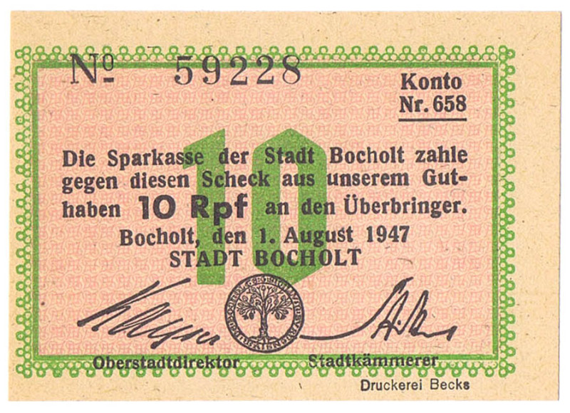 WESTFALEN Bocholt Sparkasse der Stadt 10 Reichspfennig 1.8.1947 mit No Schöne 43...