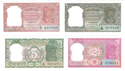 INDIEN 3x2 Rupien, 1x 5 Rupien 4 Stück. P.29b, 31, 67b, 68b übliche kleine Heftlöcher KFR