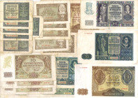 POLEN (unter deutscher Besetzung) 10 (3 Stück), 20,50,100 Zloty 1940, 1 (6), 2 (5), 5 (2), 50 und 100 Zloty 1941. Zusammen 21 Scheine, alles verschied...