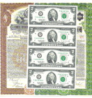 USA 2 Dollar 1995 Serie FE Atlanta originaler senkrechter Viererbogen, dazu zwei 1000 Dollar-Nachdrucke (im Auftrag der BfG) der Gold-Bonds von Frankf...
