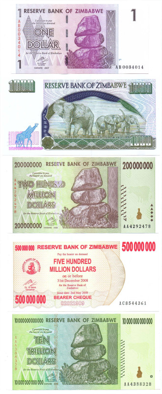 ZIMBABWE 5 kassenfrische Noten von 1 Dollar bis 10 Trillion Dollars P.12,60,65,8...