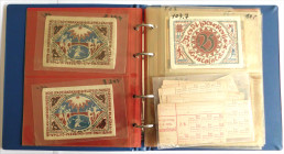 Album mit Notgeld besonderer Art: Bielefeld 3 verschiedene 25 Mark Seide und 500 Mark Seide, 5 Millionen Mark Pößneck Lederschein, 1,50 Goldmark Leder...