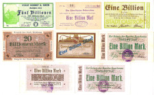 8 Billionenscheine 1923 aus Ansbach, Castrop, Duisburg (20 Billionen Mr*752394), Pobershau (Raster 23 Punktlinien pIX Nr.53) und Traunstein (3x 1 Bill...